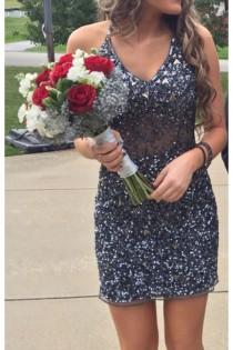 Dark Grey With Iridescent Beading Homecoming Dress,Prom Dress wedding photo - Dark Grey With Iridescent Beading Homecoming Dress,Prom Dress