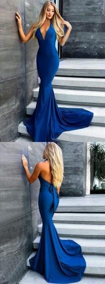 Mermaid V-Neck Long Royal Blue Satin Prom Party Dress wedding photo - Mermaid V-Neck Long Royal Blue Satin Prom Party Dress