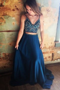 Sparkly Two Piece Navy Blue Beading Long Prom Dress 2018 Hot Evening Dress A-Line Deep Chiffon Evening Dresses Cheap From Ulass wedding photo - Sparkly Two Piece Navy Blue Beading Long Prom Dress 2018 Hot Evening Dress A-Line Deep Chiffon Evening Dresses Cheap From Ulass