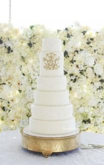 wedding photo - Elegant Tall Lace Wedding Cake With Gold Monogram