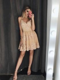 A-Line Spaghetti Straps Champagne Homecoming Dress With Appliques Beading wedding photo - A-Line Spaghetti Straps Champagne Homecoming Dress With Appliques Beading