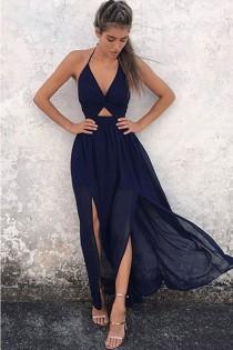 Outlet Dazzling Prom Dresses Chiffon A-Line Halter Floor-Length Backless Navy Blue Chiffon Prom Dress wedding photo - Outlet Dazzling Prom Dresses Chiffon A-Line Halter Floor-Length Backless Navy Blue Chiffon Prom Dress