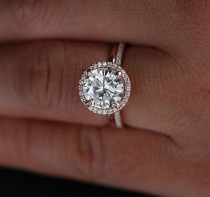 14k Rose Gold Moissanite Engagement Ring With Classic Moissanite Round 8mm And Diamond Halo Ring With Plain Gold Band wedding photo - 14k Rose Gold Moissanite Engagement Ring With Classic Moissanite Round 8mm And Diamond Halo Ring With Plain Gold Band