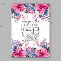 wedding photo -  Tropical pink hibiscus lilac wedding invitation vector card template thank you card