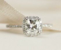 CERTIFIED - Cushion Moissanite & Diamonds Ring 14K White Gold wedding photo - CERTIFIED - Cushion Moissanite & Diamonds Ring 14K White Gold