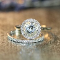 This Halo Diamond Wedding Ring Set Showcases A Halo Engagement Ring With A 8x8mm Round Shaped Natural White Topaz Cr… wedding photo - This Halo Diamond Wedding Ring Set Showcases A Halo Engagement Ring With A 8x8mm Round Shaped Natural White Topaz Cr…