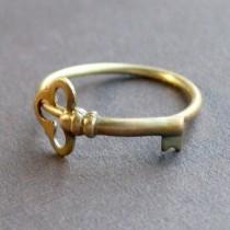 Little Skeleton Key Ring In Raw Brass, Size 5, READY TO SHIP wedding photo - Little Skeleton Key Ring In Raw Brass, Size 5, READY TO SHIP
