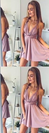 A-Line Deep V-Neck Short Blush Elastic Satin Convertible Style Homecoming Dress wedding photo - A-Line Deep V-Neck Short Blush Elastic Satin Convertible Style Homecoming Dress