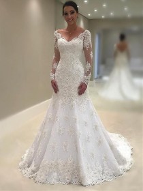 Elegant Lace V-neck Neckline Mermaid Wedding Dresses With Appliques WD087 wedding photo - Elegant Lace V-neck Neckline Mermaid Wedding Dresses With Appliques WD087