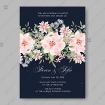 wedding photo -  Pink Rose dumalis clematis wedding invitation vector card template on dark blue background greeting card