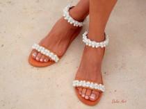 wedding photo - Bridal sandals, leather sandals, White Beach Wedding Sandals," shining bride" Pearl sandals, Greek Sandal,   Summer shoes