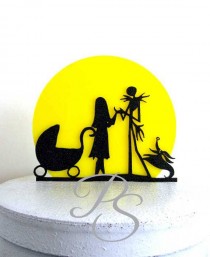 Wedding Cake Topper, Baby Shower Cake Topper -The Nightmare Before Christmas Jack and Sally silhouette with a yellow moon wedding photo - Wedding Cake Topper, Baby Shower Cake Topper -The Nightmare Before Christmas Jack and Sally silhouette with a yellow moon