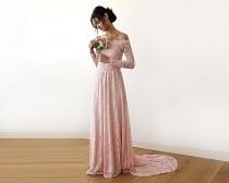 Pink Wedding Dress, Off-the-shoulder Wedding Dress, Floral Lace Wedding Dress, Long Sleeve Wedding Dress, Train Wedding Dress 1148 wedding photo - Pink Wedding Dress, Off-the-shoulder Wedding Dress, Floral Lace Wedding Dress, Long Sleeve Wedding Dress, Train Wedding Dress 1148