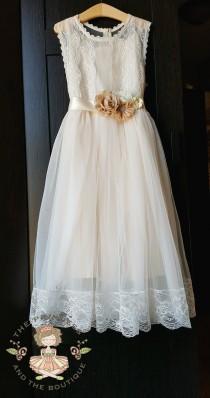 Champagne flower girl dress with sash, flower girl dress, flower girl lace dress, girls dress, rustic wedding, lace girls dress wedding photo - Champagne flower girl dress with sash, flower girl dress, flower girl lace dress, girls dress, rustic wedding, lace girls dress