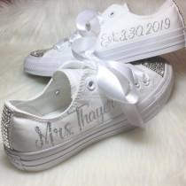 wedding photo - Wedding CONVERSE for the BRIDE Swarovski Personalized Chucks Bling and Bedazzled  with YOUR New Name & Date