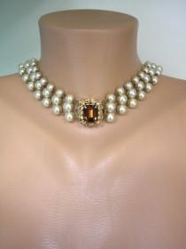 wedding photo -  Long Champagne Pearl Necklace With Topaz Rhinestone Clasp