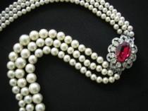 wedding photo -  Vintage 3 Strand Ivory Pearl Necklace With Ruby Rhinestone Clasp
