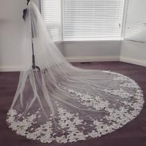2 Tiered White or Off White Dramatic Bridal Veil French Lace Appliques Cathedral Length Extra Wide Made To Order wedding photo - 2 Tiered White or Off White Dramatic Bridal Veil French Lace Appliques Cathedral Length Extra Wide Made To Order