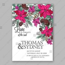 wedding photo -  Winter floral wedding invitation red poinsettia fir pine cone holly background template winter