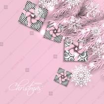 wedding photo -  Merry Christmas greeting card pink fir tree branch gift box snowflake valentine invitation template
