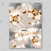 wedding photo -  Merry Christmas party invitation with gold snowflake and silver fir tree branch and gift box with golden bow balls