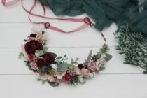Burgundy blush pink flower crown Deep red Eucalyptus floral headband Bridal hair wreath Wedding flower halo Maternity crown Bridesmaid crown wedding photo - Burgundy blush pink flower crown Deep red Eucalyptus floral headband Bridal hair wreath Wedding flower halo Maternity crown Bridesmaid crown