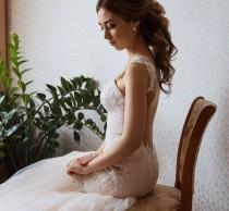 Blush Mermaid wedding dress Gloria lace wedding dress Long train Tulle Open back Backless sexy Beach wedding dress sweetheart Corset wedding photo - Blush Mermaid wedding dress Gloria lace wedding dress Long train Tulle Open back Backless sexy Beach wedding dress sweetheart Corset