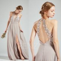 Bridesmaid Dress Taupe Chiffon Dress Wedding Dress Side Split,Lace Halter Maxi Dress,Open Back Party Dress,Sleeveless Evening Dress(H566) wedding photo - Bridesmaid Dress Taupe Chiffon Dress Wedding Dress Side Split,Lace Halter Maxi Dress,Open Back Party Dress,Sleeveless Evening Dress(H566)