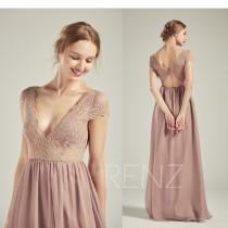 Party Dress Rose Gray Chiffon Bridesmaid Dress,Wedding Dress,Illusion Lace Cap Sleeves Maxi Dress,Deep V Neck Prom Dress,Formal Dress(L510) wedding photo - Party Dress Rose Gray Chiffon Bridesmaid Dress,Wedding Dress,Illusion Lace Cap Sleeves Maxi Dress,Deep V Neck Prom Dress,Formal Dress(L510)