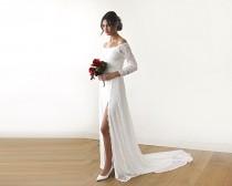 Ivory Wedding Dress, Wedding Dress With A Slit & Train, Off Shoulder Wedding Dress, Floral Lace Long Sleeve Maxi Dress, Wedding Dress 1179 wedding photo - Ivory Wedding Dress, Wedding Dress With A Slit & Train, Off Shoulder Wedding Dress, Floral Lace Long Sleeve Maxi Dress, Wedding Dress 1179