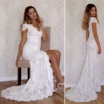 Boho Lace wedding dress with Cap Sleeve, Beach Bridal Dress with Split, Silk Brides wedding photo - Boho Lace wedding dress with Cap Sleeve, Beach Bridal Dress with Split, Silk Brides
