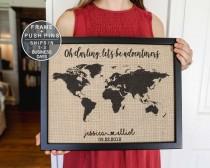 Burlap Push Pin Travel Map Push Pin Map Wedding Gift for Couple Engagement Gift Adventure Awaits World Map Travel Gift Anniversary Gift wedding photo - Burlap Push Pin Travel Map Push Pin Map Wedding Gift for Couple Engagement Gift Adventure Awaits World Map Travel Gift Anniversary Gift