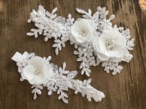 wedding photo -  White Bridal lace garter Set, wedding garter, Bridal Gift Garter set, ivory garter, pearl garter, Rustic Garter, 3D flowers garter set