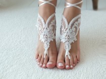 wedding photo -  Ivory lace barefoot sandals, Bridal shoes, Wedding shoes, Bridal footless sandals, Beach wedding lace sandals, Bridal anklet Bridesmaid gift