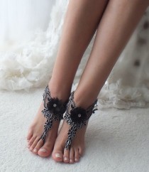 wedding photo -  black silver lace gothic barefoot sandals Bellydance wedding prom party steampunk burlesque vampire bangle beach anklets bridal Shoes pool