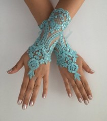 wedding photo -  Turquoise Lace Gloves, Bridal Gloves, wedding gloves, Handmade gloves, Goth bride glove bridal gloves Long lace gloves fingerless gloves,