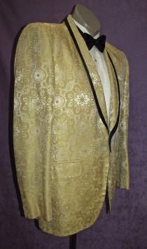 50s Tux Jacket 38R -40RYellow Cream Brocade Floral w/Black Trim Vintage Tuxedo Early 60s 80s Motown Rat Pack Dinner After Six Lord West wedding photo - 50s Tux Jacket 38R -40RYellow Cream Brocade Floral w/Black Trim Vintage Tuxedo Early 60s 80s Motown Rat Pack Dinner After Six Lord West
