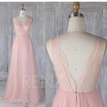 Bridesmaid Dress Blush Pink Tulle Wedding Dress,Lace V Neck Prom Dress,Illusion Back Maxi Dress,Ruched ALine Evening Gown Full Length(LS340) wedding photo - Bridesmaid Dress Blush Pink Tulle Wedding Dress,Lace V Neck Prom Dress,Illusion Back Maxi Dress,Ruched ALine Evening Gown Full Length(LS340)