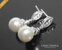 wedding photo -  White Pearl Earrings, Flower Girl Pearl Earring Studs, Swarovski White Pearl Silver Earrings, Wedding Flower Girl Jewelry, Bridal Earrings