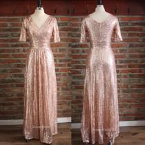Elegant Evening Dresses, Sequin Dress with Crossover Bodice, Ball Gown, V neck Dress, Half Sleeve Dress with Ruched High Waist wedding photo - Elegant Evening Dresses, Sequin Dress with Crossover Bodice, Ball Gown, V neck Dress, Half Sleeve Dress with Ruched High Waist