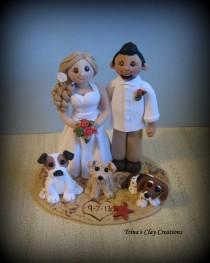 Wedding Cake Topper, Custom Cake Topper, Bride and Groom with Pets, Beach Theme, Personalized, Polymer Clay, Keepsake wedding photo - Wedding Cake Topper, Custom Cake Topper, Bride and Groom with Pets, Beach Theme, Personalized, Polymer Clay, Keepsake