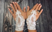 wedding photo -  White lace bridal wedding gloves, short bridal gloves, fingerless lace gloves, french lace, bridal lace gloves, beach party gloves, cute