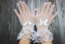 wedding photo -  Embroidered fish net white wedding gloves, fish net gloves, bridal mittens, Audrey Hepburn style gloves, vintage bride, victorian grace