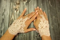 wedding photo -  Pink bridal wedding gloves, french lace short bridal gloves, powder pink fingerless gloves, flower girl gift, bridal cuff