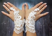 wedding photo -  Wedding gloves White bridal lace gloves fingerless gloves french lace gloves, Alencon lace gloves