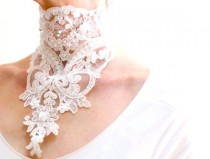 wedding photo -  White lace choker necklace, high neck collar, bridal gothic neck piece, neck corset, embroided floral lace necklace