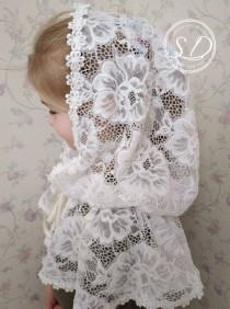 wedding photo -  First Communion Cape Medieval hooded cap Lace Capelet Catholic Mantilla Veil Сhurch scarf Infinity or D Shape Victorian White Embroidered Ve