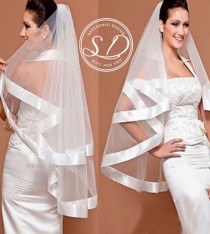 wedding photo -  Ribbon Veil Fingertip Veil Elegant Veil Fingertip Wedding Veil with CombRibbon Edge Rwo layers Waist Length Veil Wide Satin Ribbon