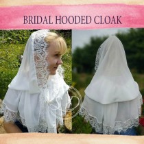 wedding photo -  Chiffon hooded cape Ivory or white Medieval hooded cape Wedding cloak shawl cover up First Communion Cape Fairy bridal head coverings mass