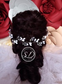 wedding photo -  White crystal tiara|Bridal hair halo|Wedding long hair vine|Bridal hair accessories|Bohemian headpiece|Wedding accessory|pearl hair vine